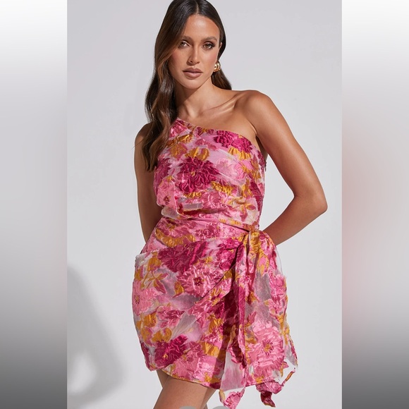 Brailey Mini Dress - One Shoulder Wrap Front Dress in Pink Jacquard NBW Showpo - Picture 2 of 2